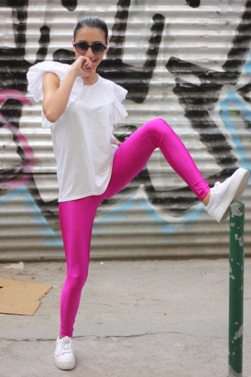Pink Leather Trouser  Ideas With White T-shirt, Tights: active pants,  yoga pant  