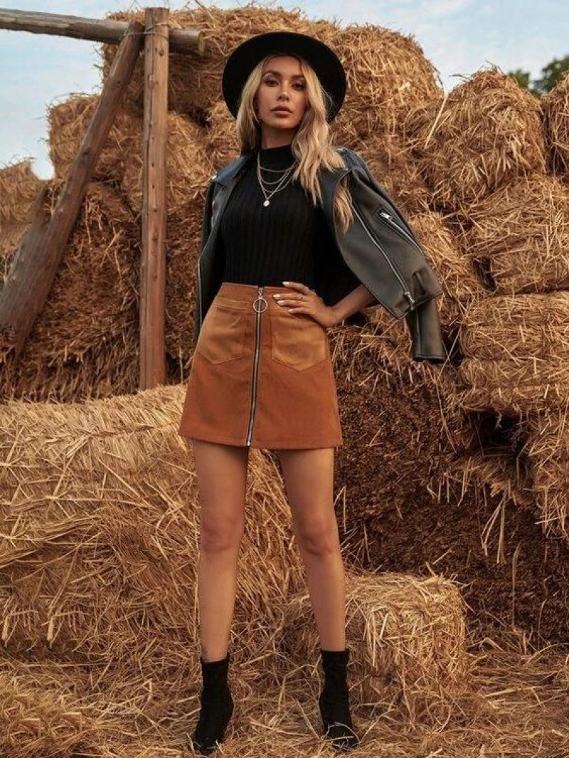 Brown A-line Corduroy Skirt: Cowgirl Outfits with Leather Jacket: hair m,  long hair,  model m keyboard,  cowboy boot  