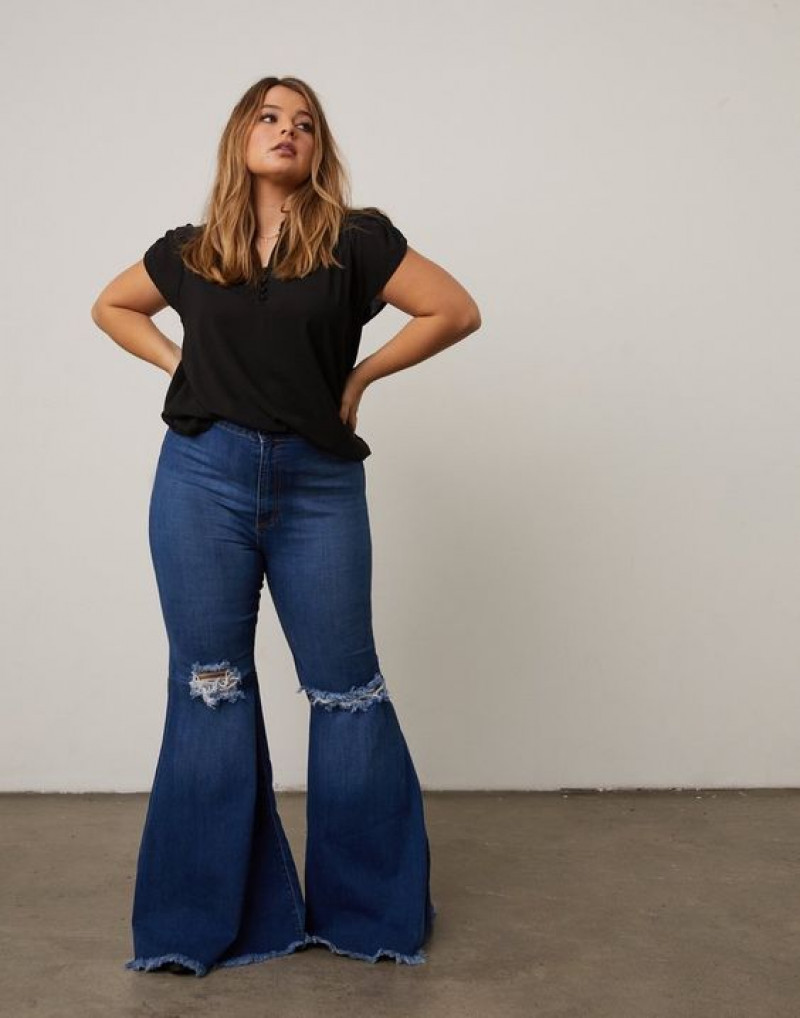 Super Flare Plus Size Jeans: Dark Blue and Navy Casual Trouser, Bell Bottom Wardrobe Ideas with Black Top: plus-size clothing,  high-rise,  plus size jeans,  bell-bottoms,  plus size pants  