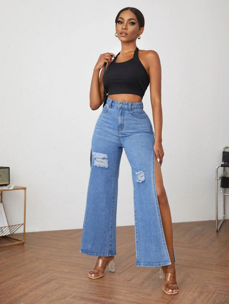 Light Blue Slit Leg Trouser Outfit Ideas with Black Crop Top: high-rise,  slim-fit pants,  mom jeans,  wide-leg jeans,  women's pants  