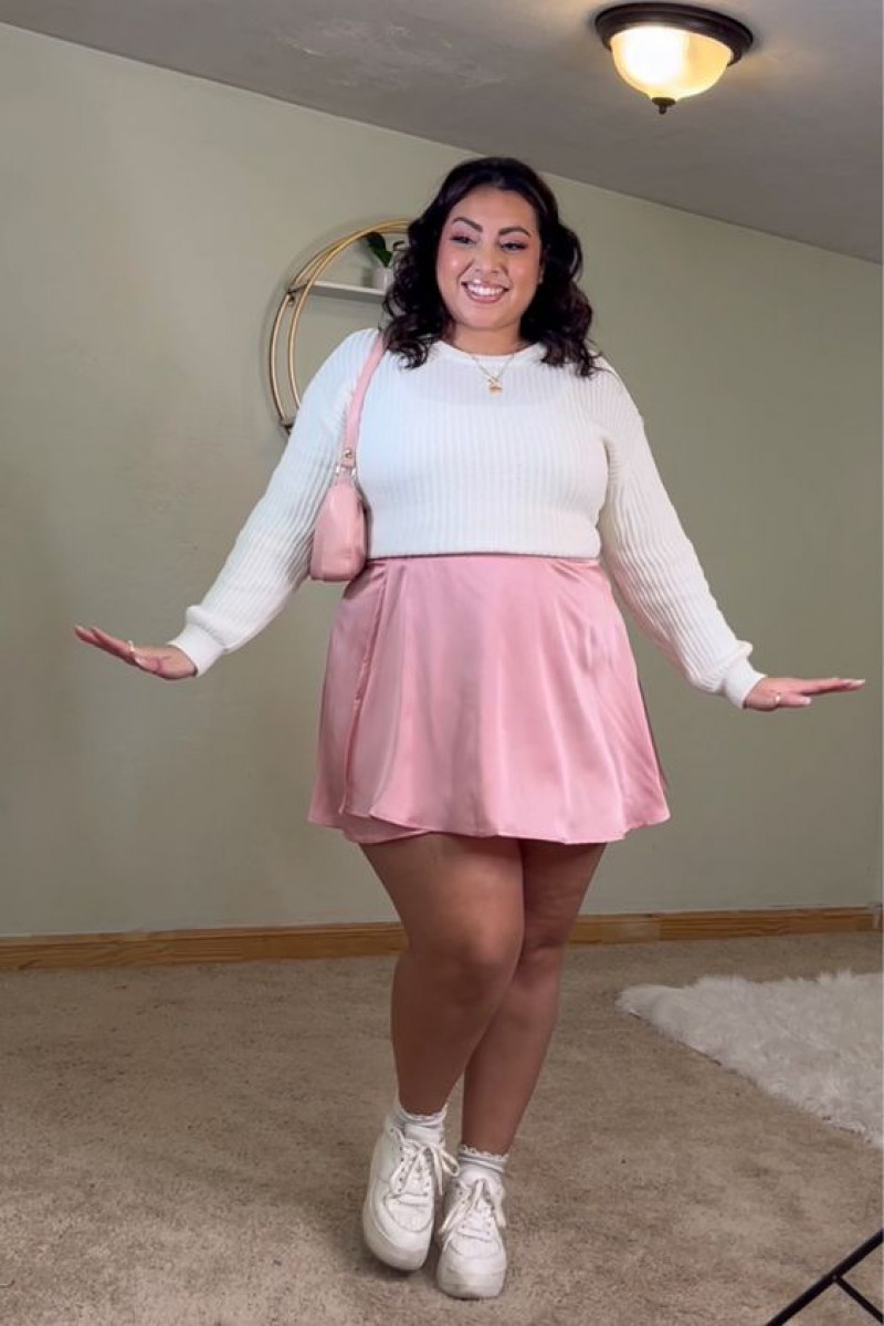 Sweater Plus Size Aesthetic Ideas With Pink A-line Skirt: wild fable,  classic sheer tights  