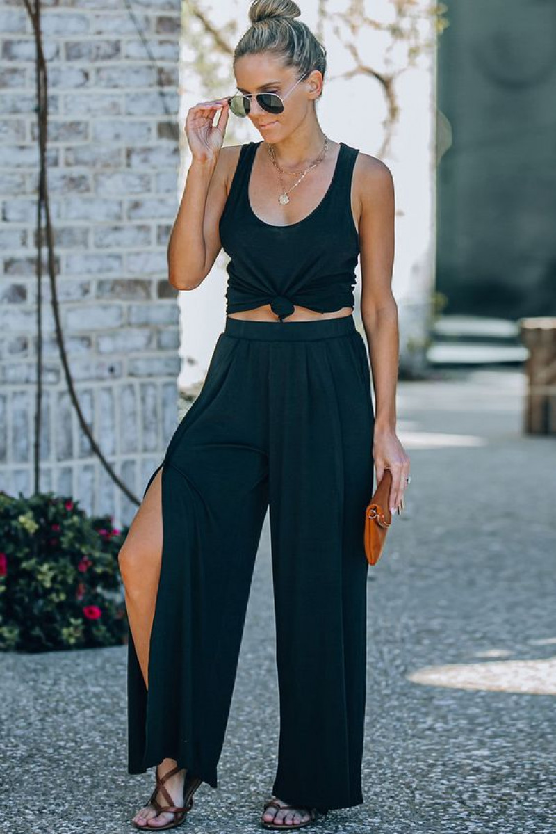 Black Slit Leg Pants Outfit Trends With Black Crop Top: high-rise,  wide-leg jeans,  bell-bottoms  