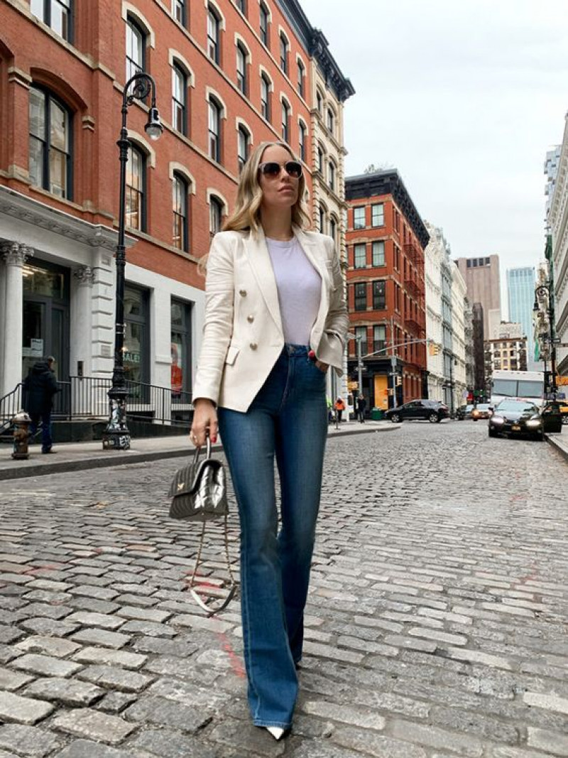 Beige Blazer Wardrobe Ideas With Dark Blue And Navy Boot Cut Jeans, Street Look: high-rise,  bell-bottoms,  palazzo pants  