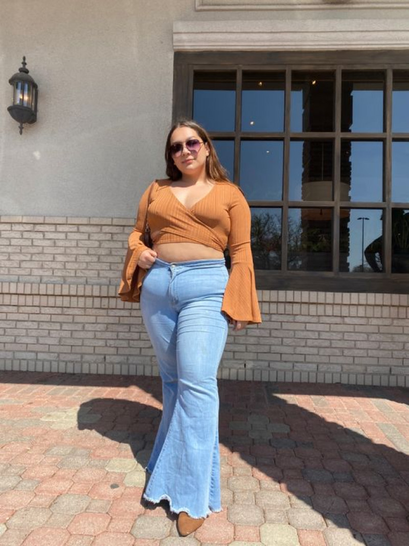 Plus Size Light Blue Casual Trouser: Bell Bottom Outfits with Orange Sweater and Jeans: plus-size clothing,  high-rise,  slim-fit pants,  bell-bottoms  