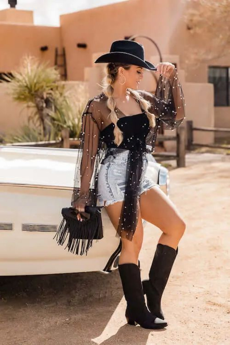 Brown Cropped Blouse Cowgirl Fashion Outfits Ideas With Denim Skirt, Fashion Model: sun hat,  saddle up & ride,  tube top  