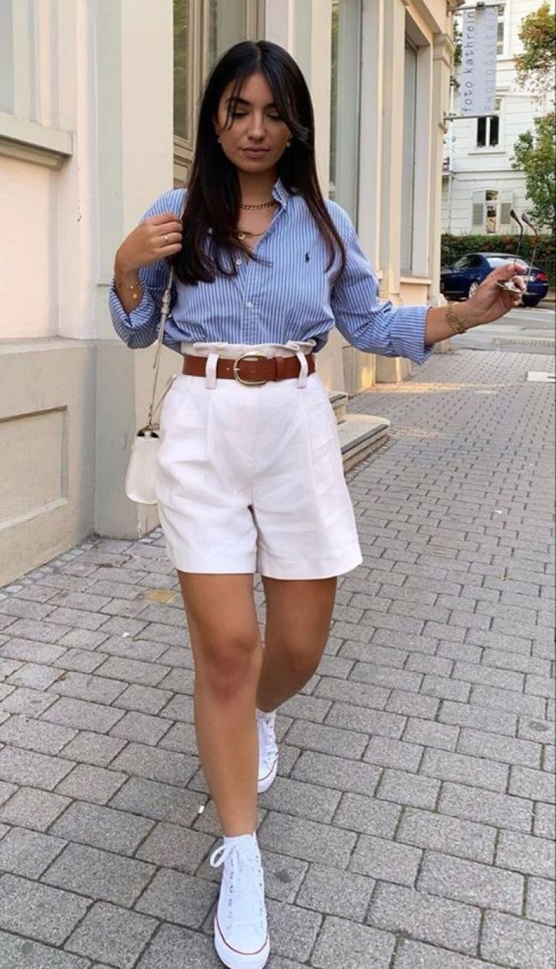 Light Blue Shirt And White Casual Short Shorts With Sneakers Fashion, Alun-alun Kota Bandung: outfit of the day,  bermuda shorts  