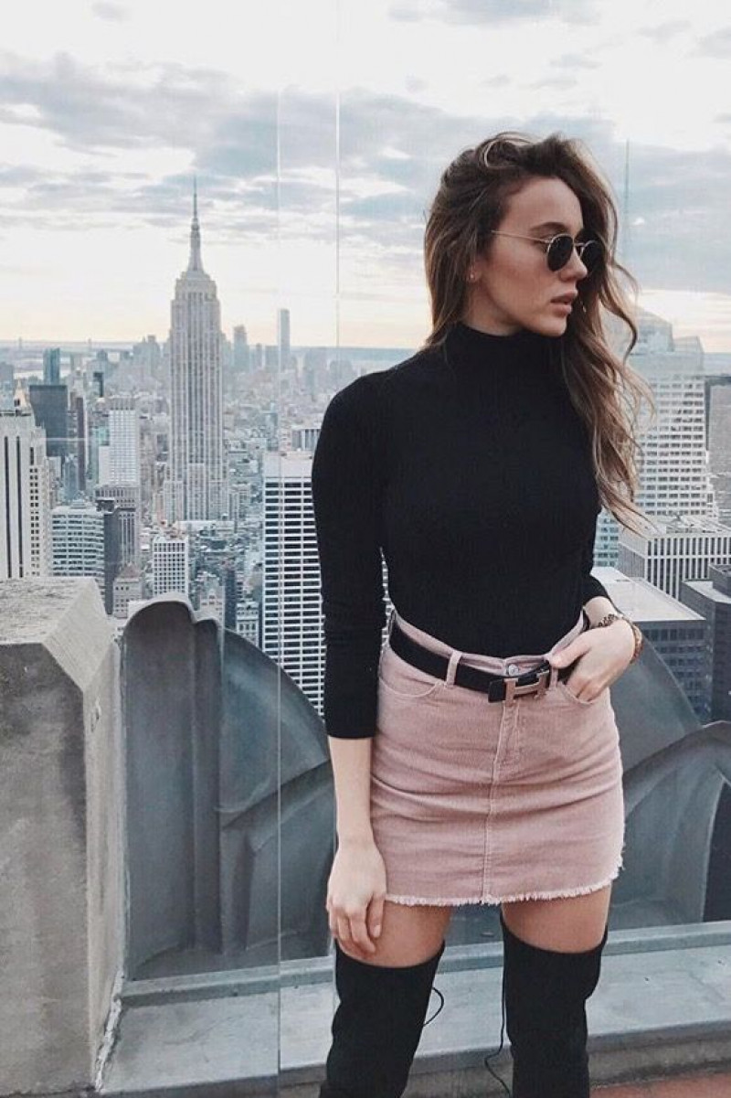 Pink Corduroy Skirt Outfit Ideas with Black Sweater | Vacation Style: plus size skirt,  polo neck,  skirt, corduroy  