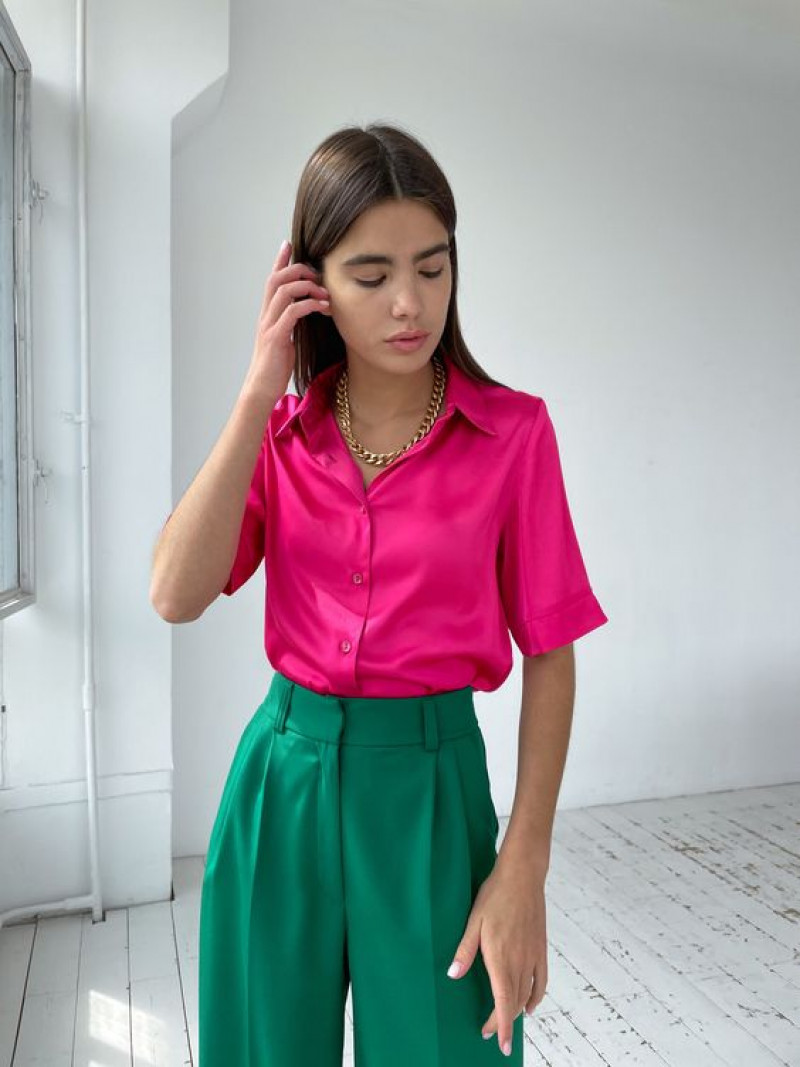 Pink Silk Shirt Attires Ideas With Green Formal Trouser: day dress,  long hair,  electric blue,  formal wear,  silk button down shirt  