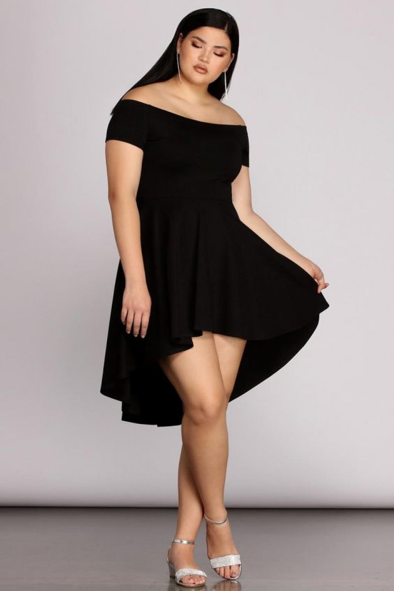 Black Off-Shoulder High-Low Dress with Short Sleeves For Chubby Girls for Evening Events: day dress,  little black dress,  cocktail dress,  cocktail dress m,  fashion blog  