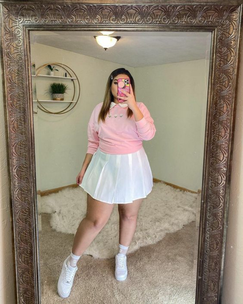 Pink Sweatshirt Curvy Teenager Fashion Ideas With White A-line Skirt, Aesthetic look: curvy girl,  plus size shorts,  girls' outfit  