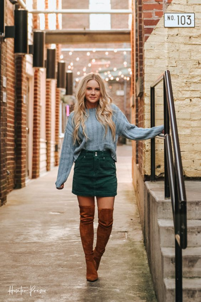 How to Beat The Winter with Style?  Green Denim Skirt Corduroy With Light Blue Cardigan: denim skirt,  leather jacket  