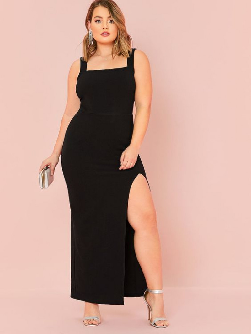 Black Sleeveless Maxi Dress with High Slit for Formal Dinners: plus-size clothing,  day dress,  plus size dress,  sheath dress,  women's dress,  maxi dress,  evening gown,  plus split thigh solid maxi dress  