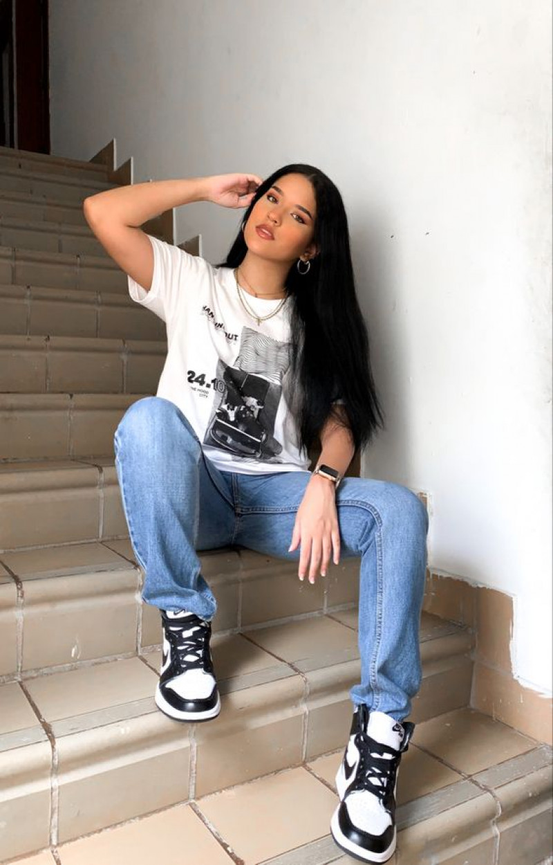 Graphic Tee, Classic Blue Jeans, and Air Jordan 1 'Panda' Sneakers: fashion accessory,  short sleeve round neck  