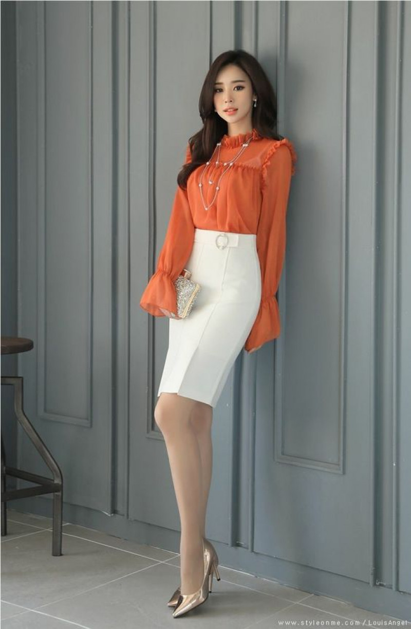 Orange Cropped Blouse Ideas With White Formal Skirt, Asian: pencil skirt,  high-heeled shoe  