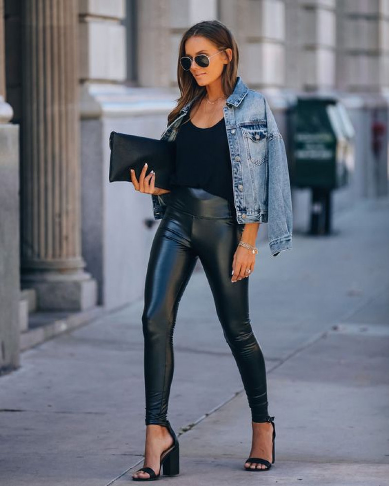 Black Leather Leggings Concert Outfit Trends With Light Blue Denim Jacket, Concert Night!: artificial leather,  high-rise,  leather trousers,  faux leather liquid leggings  