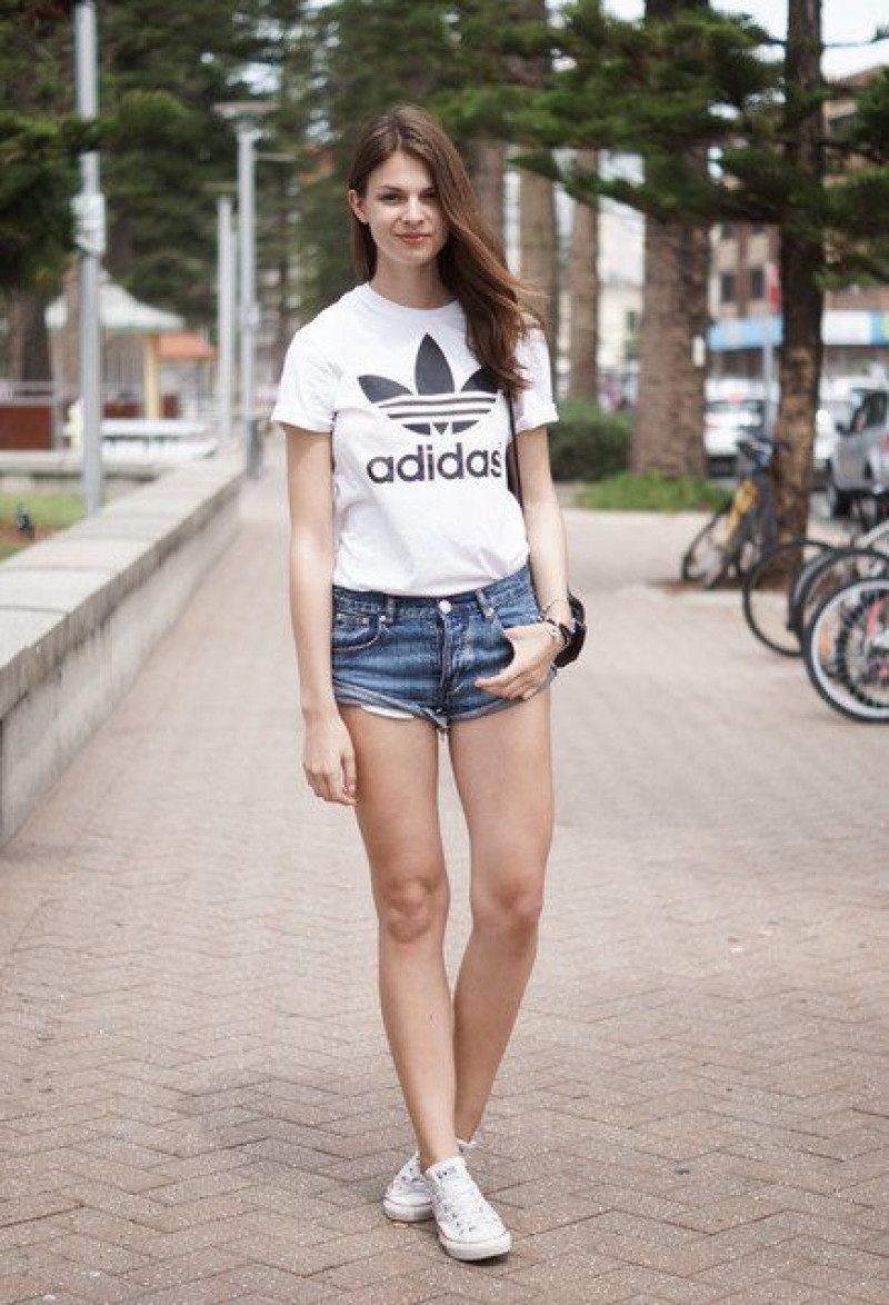 Adidas White T-shirt Shorts And Light Blue Denim Shorts With Sneakers, Fashion Trends , Shorts And Sneakers Outfit Ideas: women's shorts,  jean short,  bicycle wheel,  bermuda shorts,  girls' sneaker  