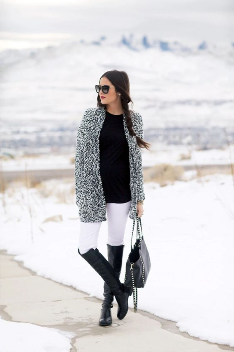 White Pants Black Boots Outfit With Grey Coat and Stylish Black Bag: 