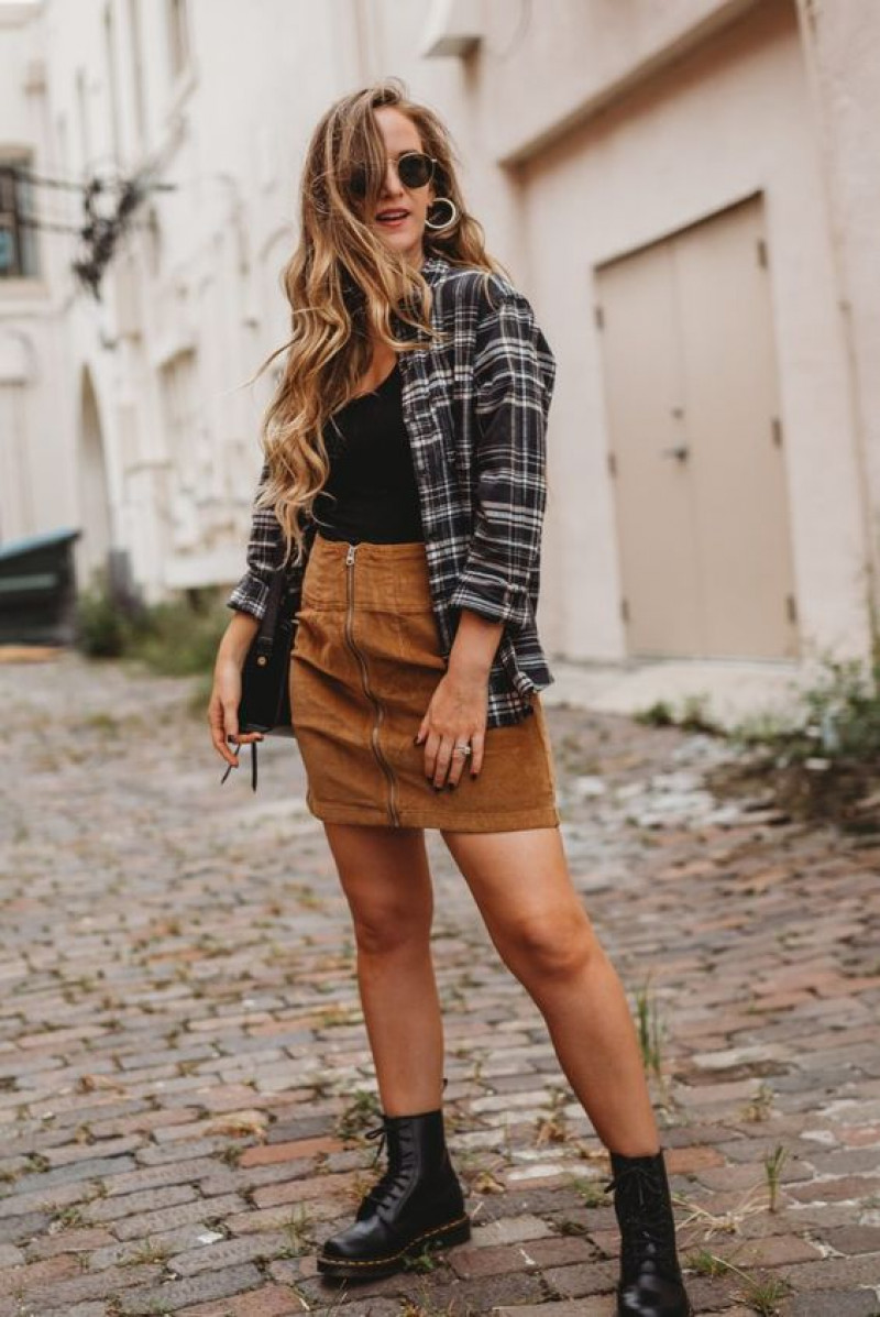 Brown Pencil and Straight Skirt Corduroy Outfit Ideas with Casual Jacket and Doc Martens: winter clothing,  maxi dress,  dr. martens,  black casual boot chelsea and ankle boot,  flannel shirt navy,  casual jacket,  brown pencil and straight skirt  