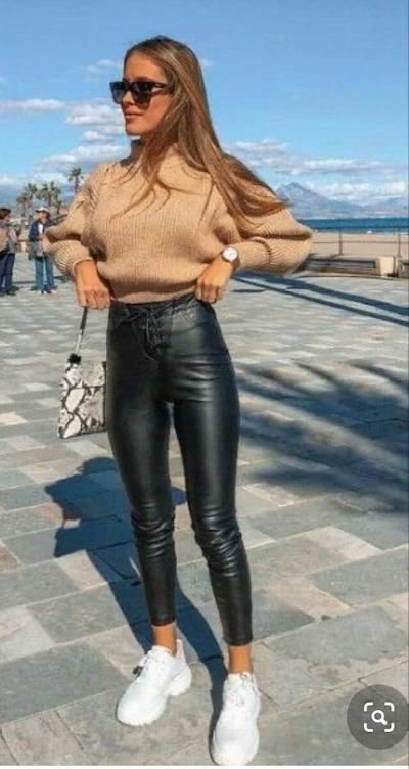 Black Formal Trouser Leather Leggings Concert Fashion Tips With Beige Sweater, Skinny Leather Pants Outfits: high-rise,  slim-fit pants,  leather trousers,  pink leather pants  