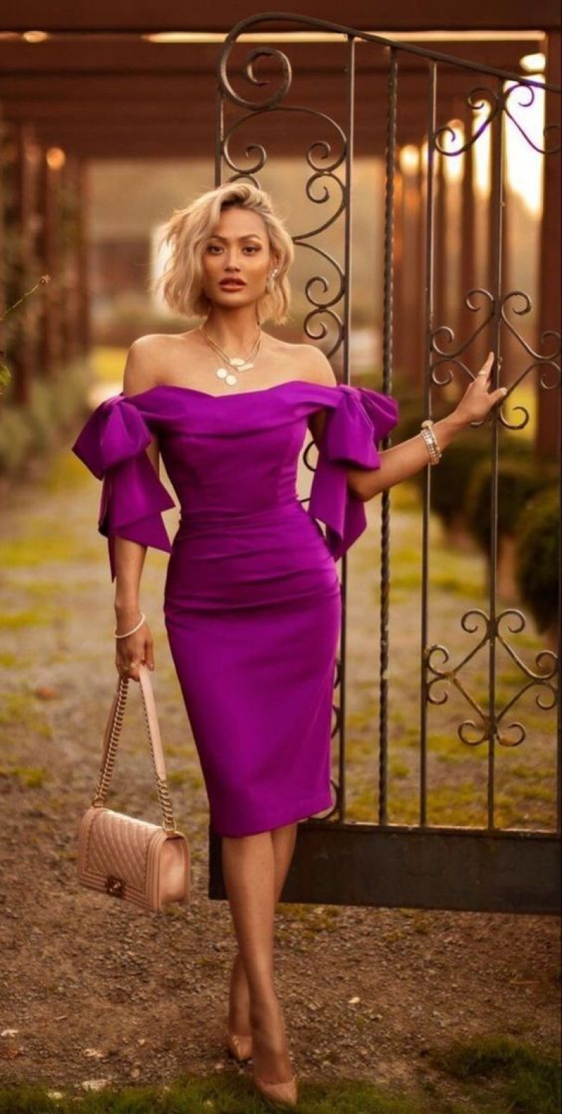 Purple And Violet Evening Dress Midi Wrap Skirts Sheath Dress With Statement bag and Heels, Autumn Outfit 2023: day dress,  cocktail dress,  sheath dress,  women's dress,  bridal party dress,  evening gown,  jovani 23645 dress,  jovani dress  