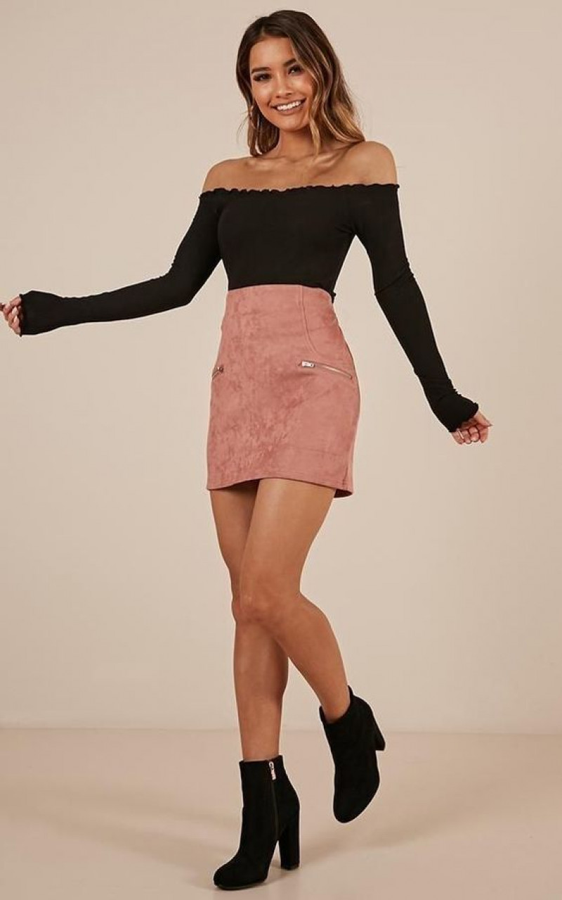 Pink Corduroy Skirt Outfit Ideas with Black Bardot Top | Thanksgiving Look: women's clothing,  fashion nova  