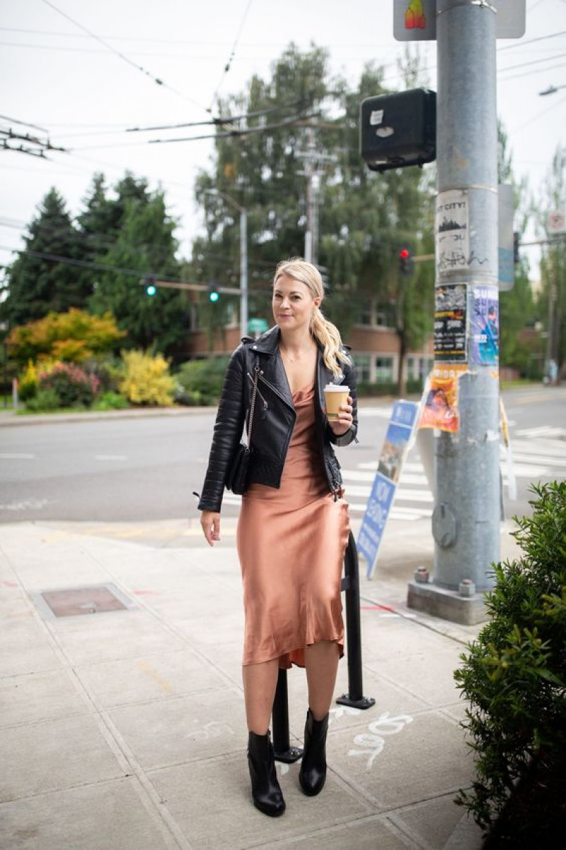 Rose Gold Slip Dress With Plunging Neck Line With Black Biker Blazer And Black Boots, Perfect Look For The Day Out.: luggage and bags,  trench coat,  slip dress,  maxi dress,  road surface  