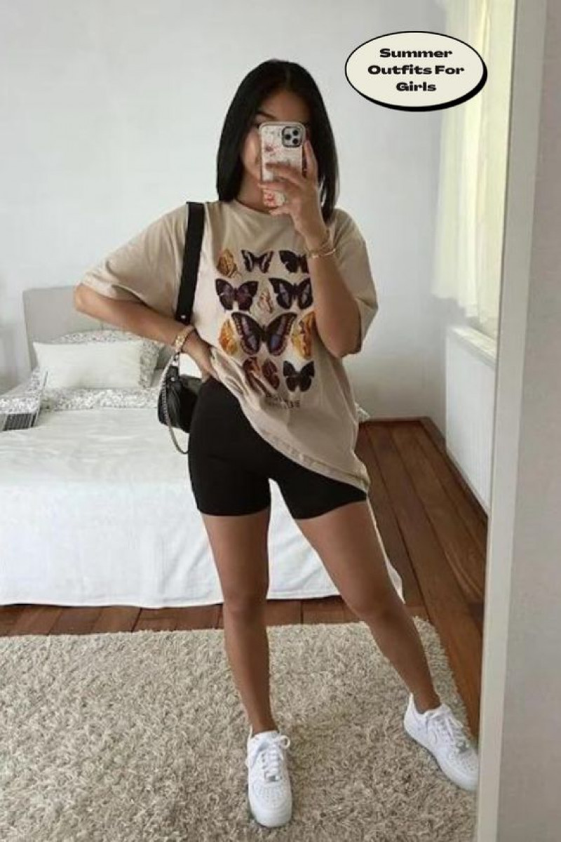 Beige T-shirt Shorts With Sneakers Outfits Ideas With Black Casual Short, W Cafe: women's apparel,  cycling shorts  
