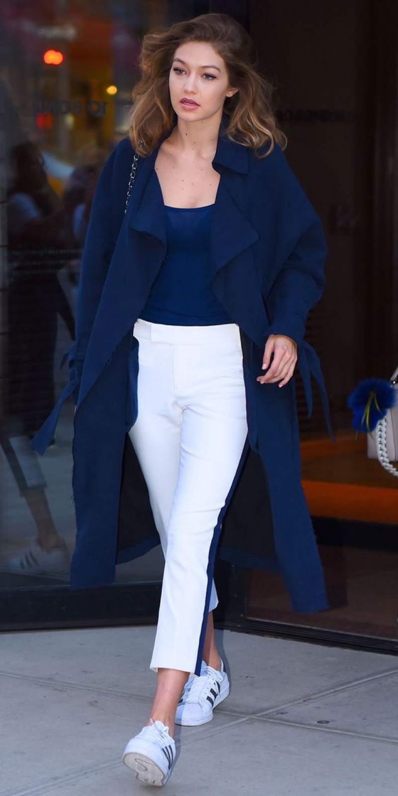 Dark Blue And Navy Winter Coat  Outfit Trends With White Casual Trouser | Gigi Hadid Athleisure Look: tomboy fashion,  gigi hadid  