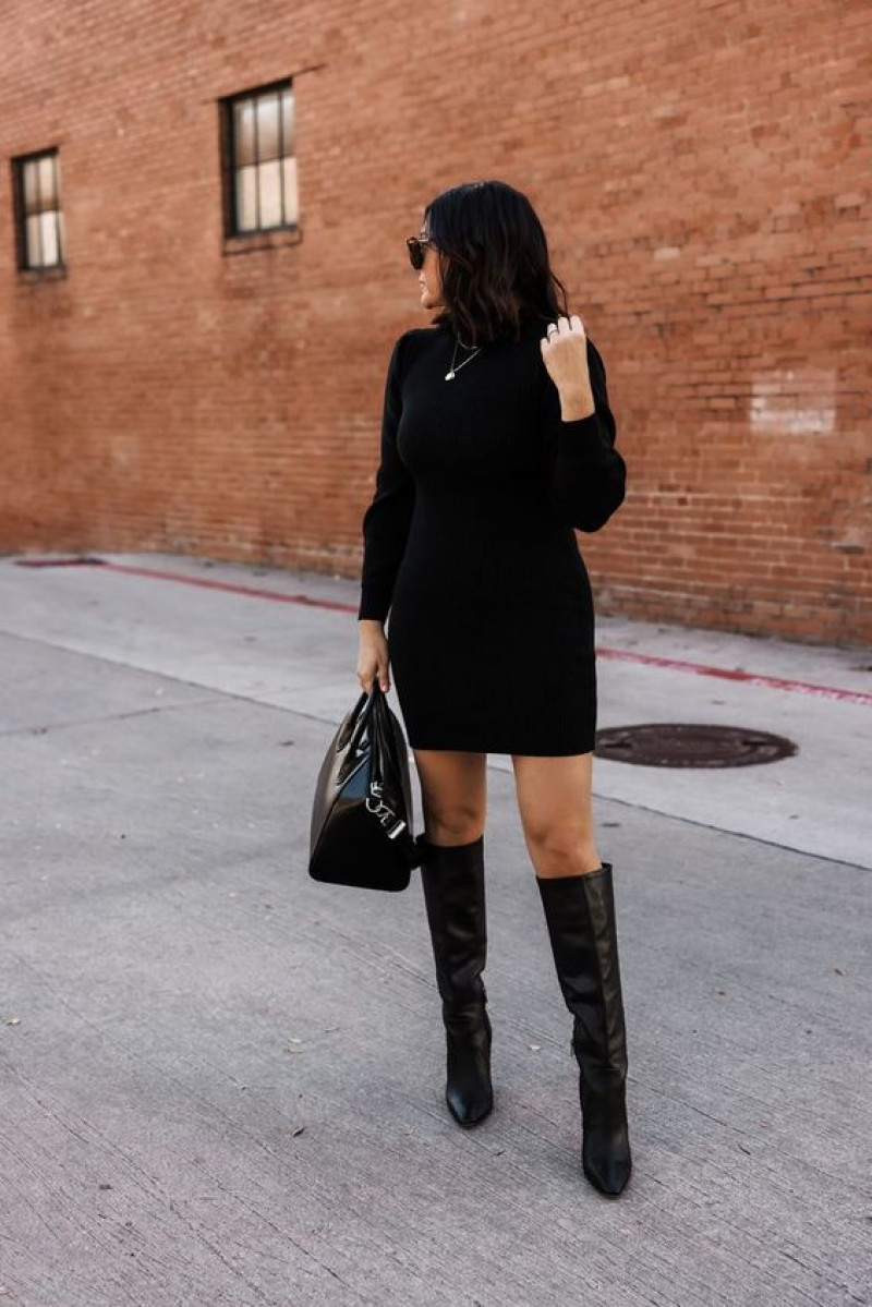 Timeless Vibe Black Knit Dress | Night out Winter Birthday Outfits: luggage and bags,  little black dress,  knee-high boot,  over-the-knee boot  