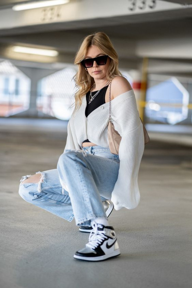 Classic Black and White High-Top Jordan Paired With Off-Shoulder White Cardigan, And Ripped Denim: nike cd0461001 jordan 1 retro high silver toe,  air jordan 1 high og silver toe  