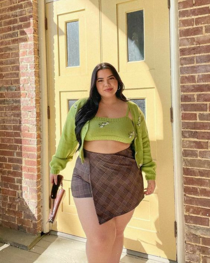 Green Sweatshirt Curvy Teen Outfit Trends With Brown Casual Skirt, Aesthetic Girl: plus-size clothing,  curvy girl,  womens fashion,  girls' outfit,  party dress  