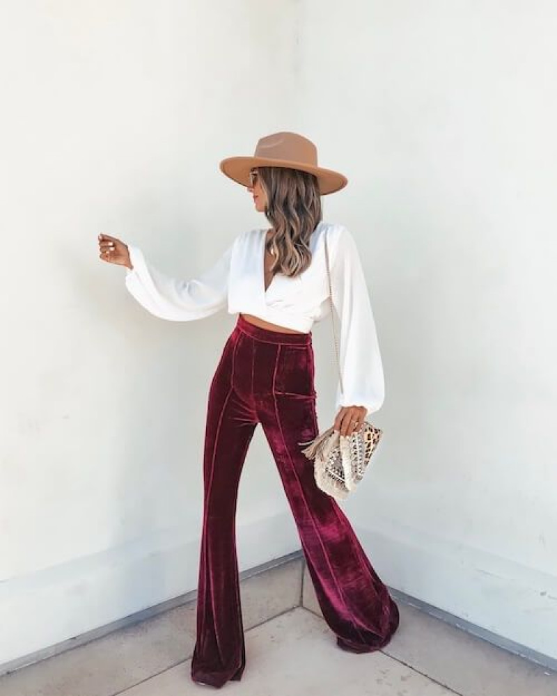 White Cropped Blouse Cowgirl Fashion Fashion Wear With Purple And Violet Formal Trouser, High Waisted Velvet Pants Outfit: high-rise,  sun hat,  bell-bottoms,  women's pants,  quiz women wide leg palazzo pants, pants, pants, black,  burgundy velvet bell bottom pants,  high waist bootcut trousers,  costume hat  