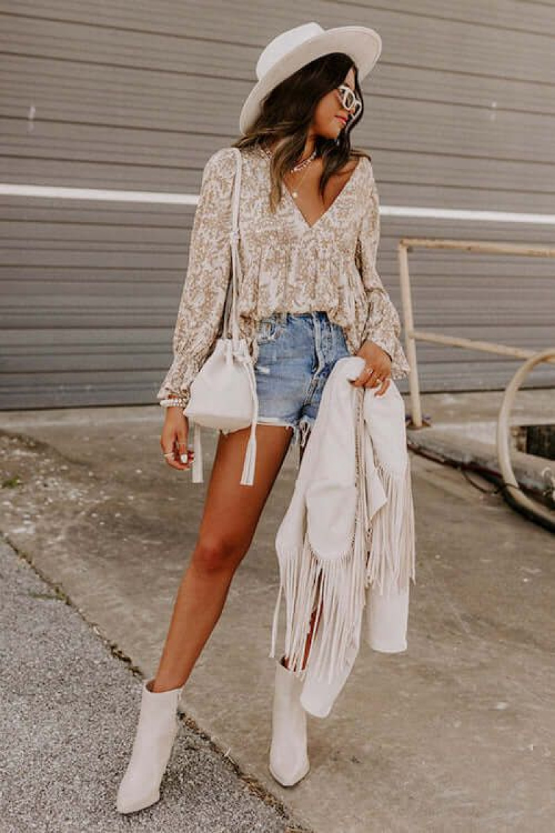 Beige Cropped Blouse Cowgirl Fashion Ideas With Beige Pleated Skirt, Fashion Model: luggage and bags,  cowboy boot,  mercedes-benz group,  beige blouse,  beige pleated skirt,  white casual boot chelsea and ankle boot,  beige and beige,  beige blouse and beige pleated skirt Skirt  