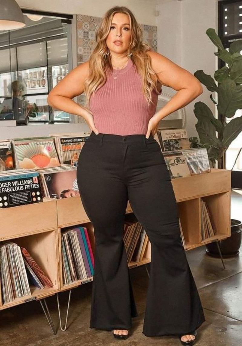 Plus Size Black Suit Trouser, Bell Bottom Outfits With Pink Crop Top, Jeans: high-rise,  bell-bottoms,  women's pants  
