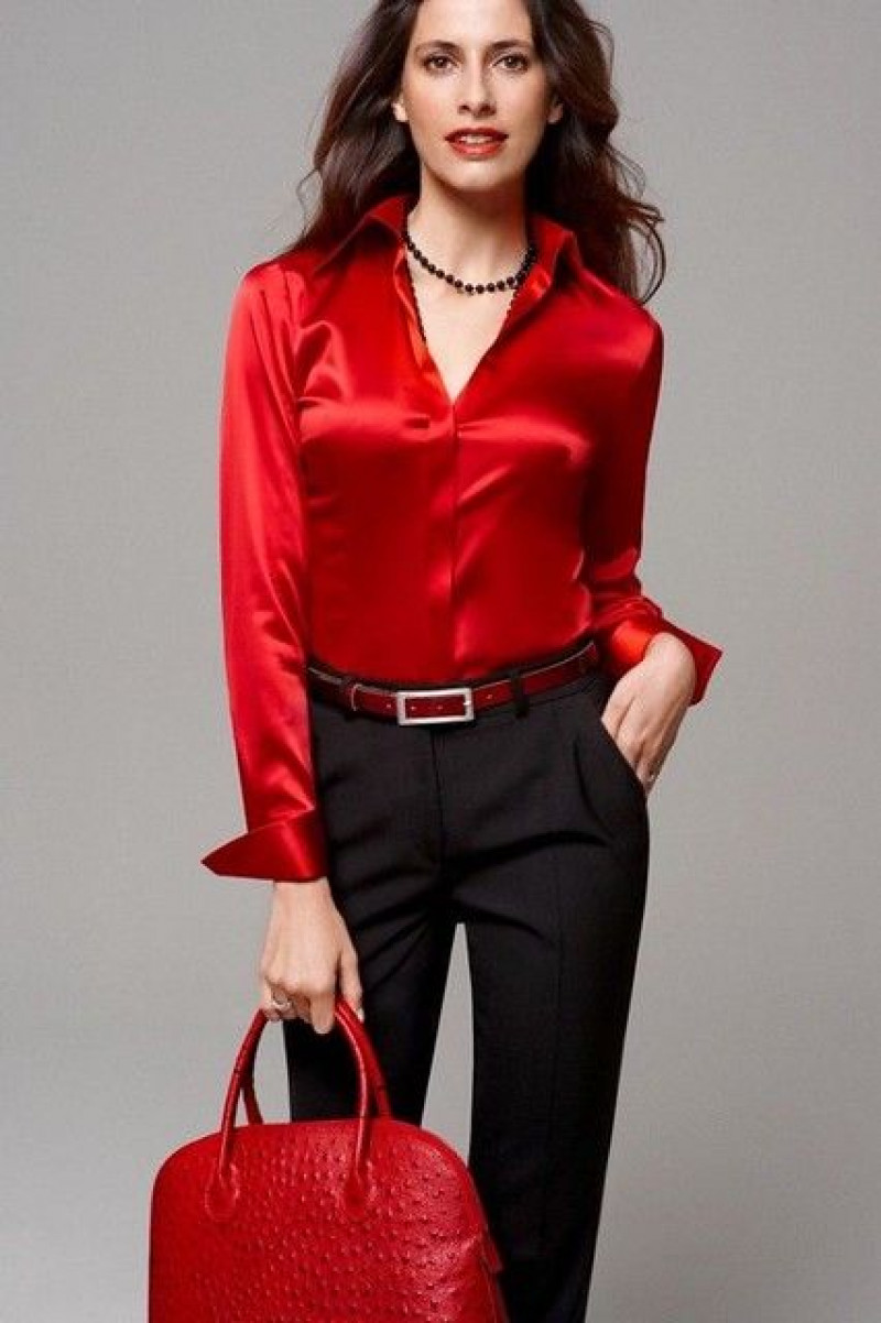 Red Silk Shirt Fashion Tips With Black Formal Trouser: womens fashion,  luggage and bags,  women's apparel  