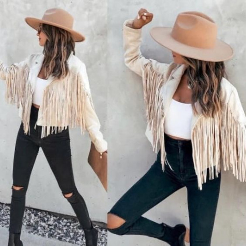 Beige Sweater Cowgirl Fashion Attires Ideas With Black Legging, Shoulder: crop top,  walford cropped fringe faux suede jacket,  faux suede  