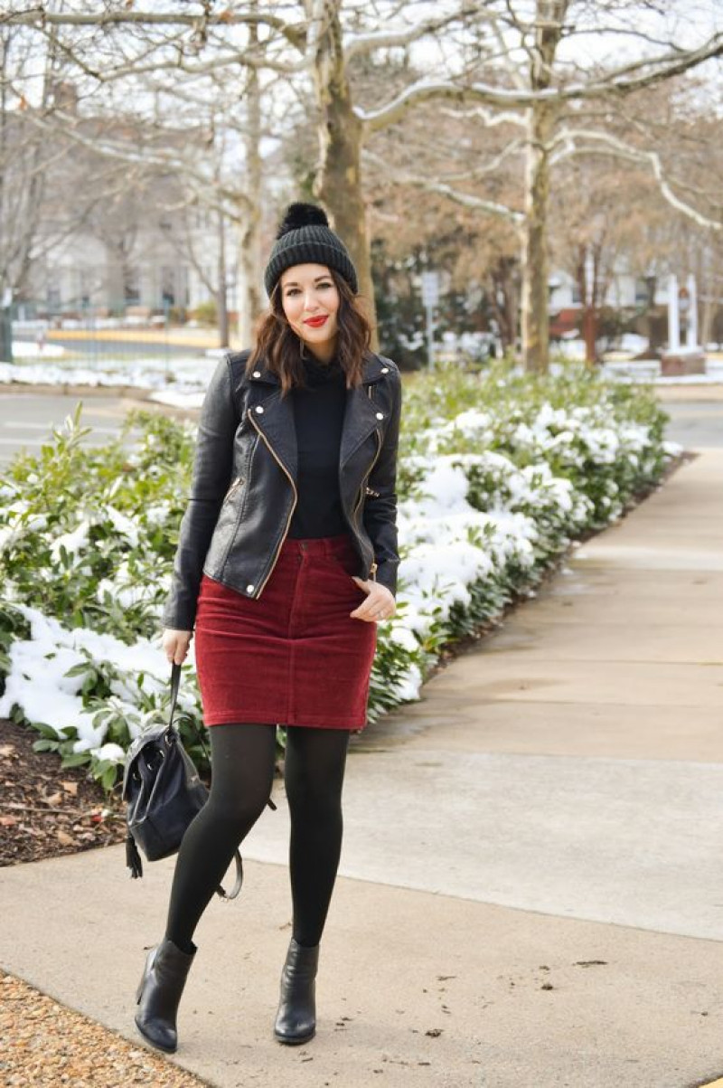 Red Pencil and Straight Skirt Corduroy Outfit Trends with Black Biker Jacket, Christmas Look: 
