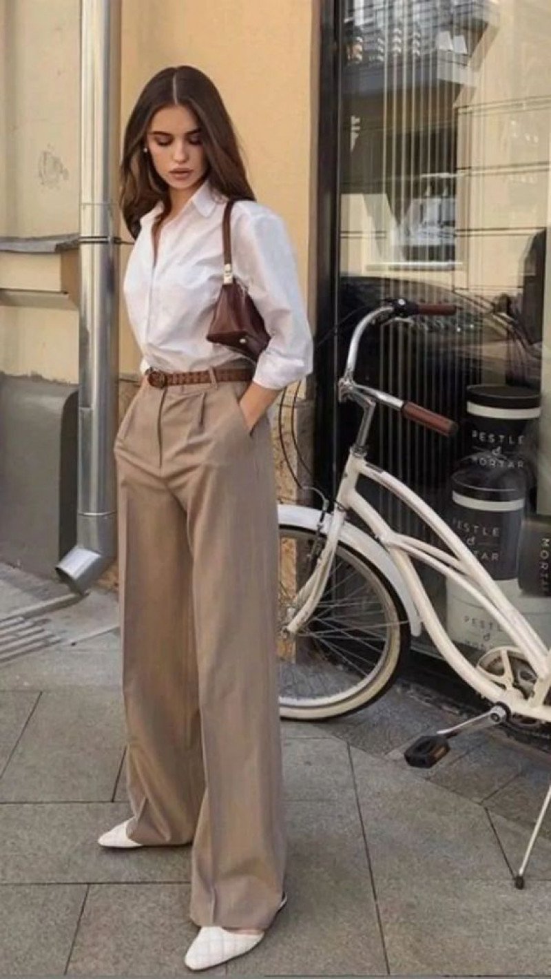 White Shirt  Wardrobe Ideas With Beige Suit Trouser: aesthetic fashion,  bicycle handlebar,  bicycle frame,  bicycle wheel,  bicycle fork,  bicycle tire,  old money  