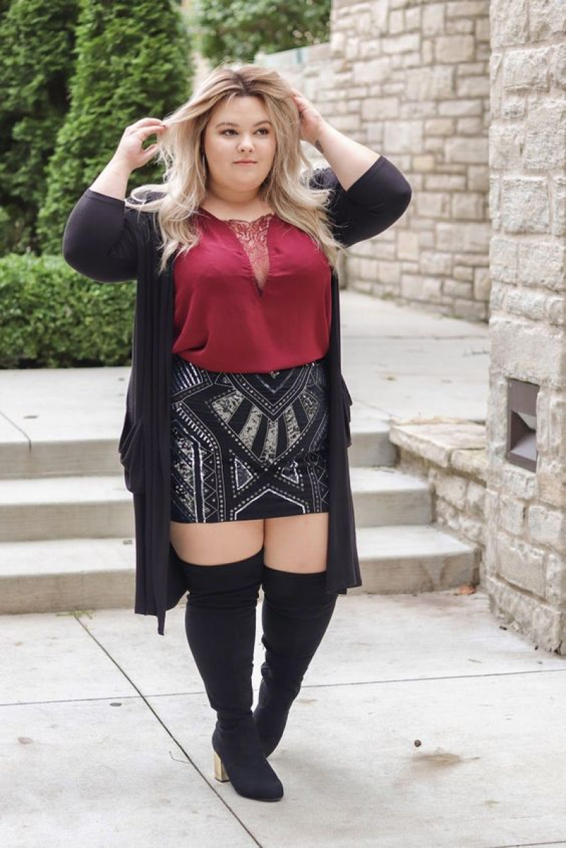 Black Cardigan Party Wardrobe Ideas With, Plus Size Skirt With Knee High Boots: plus-size clothing,  plus size skirt,  leather jacket,  thigh-high boot,  knee-high boot,  over-the-knee boot,  plus size sweater  