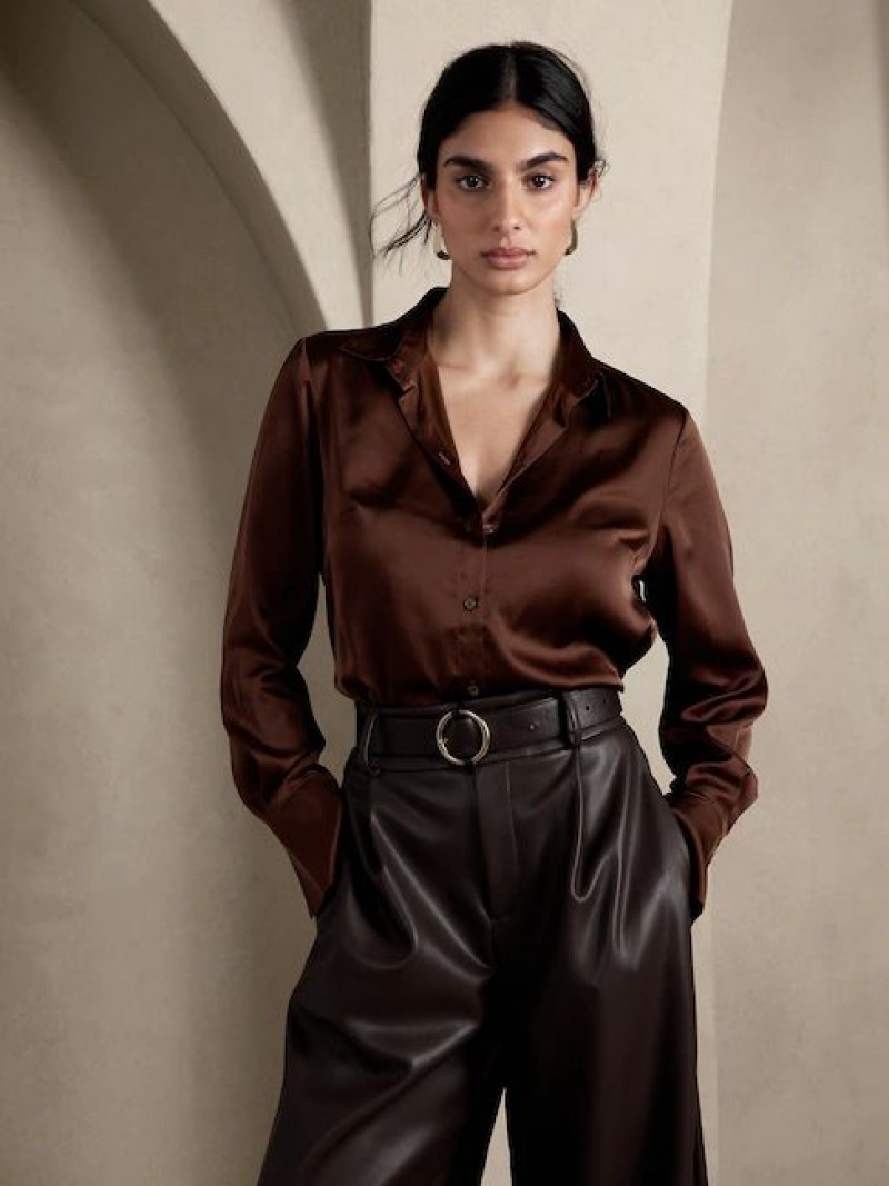 Brown Silk Shirt Fashion Outfits With Black Suit Trouser: leather clothing,  leather fashion  