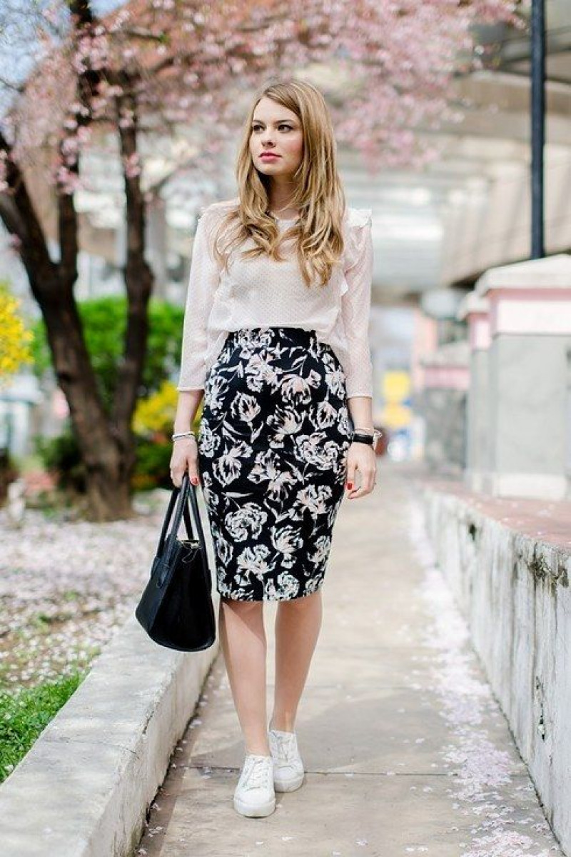 My sexy Go to Day Date Outfit, Pencil Floral skirt outfit designs with tucked in white blouse, with canvas sneakers: 