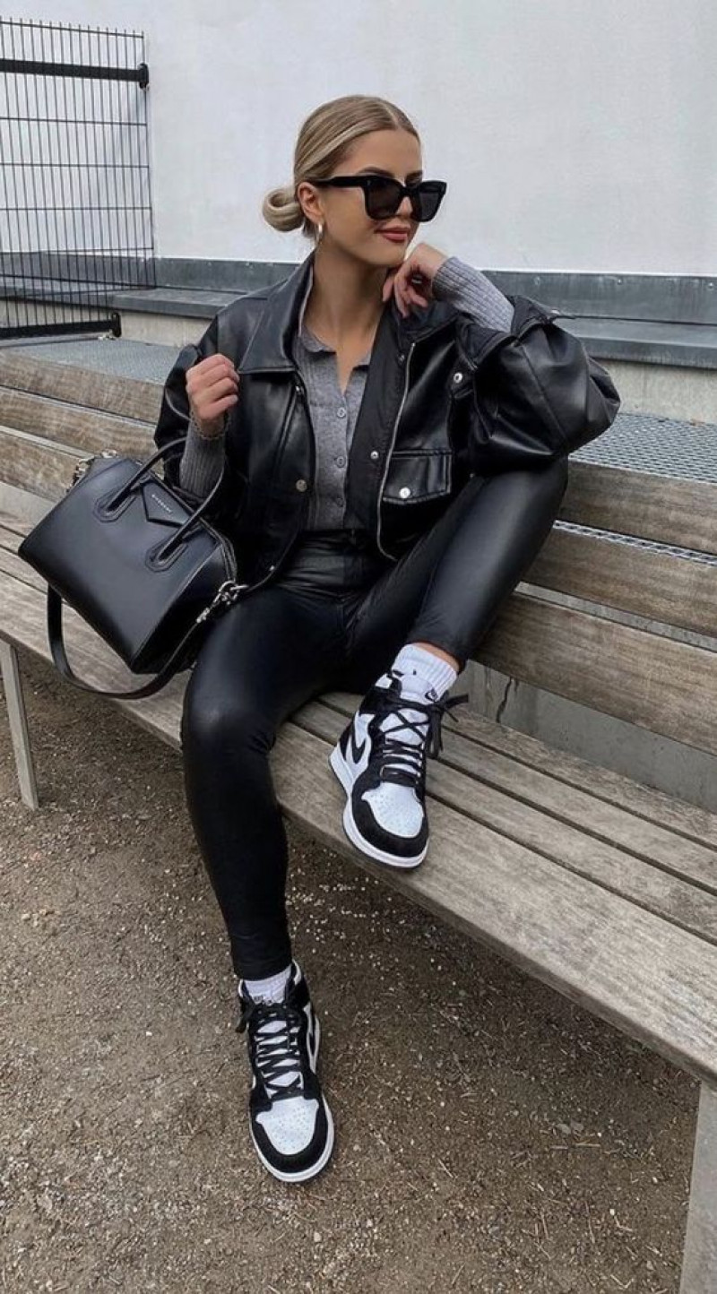 Black Leather Pant and Jacket With Black And White Jordanm, Bold Look: air jordan,  women's sneaker,  sports shoes  