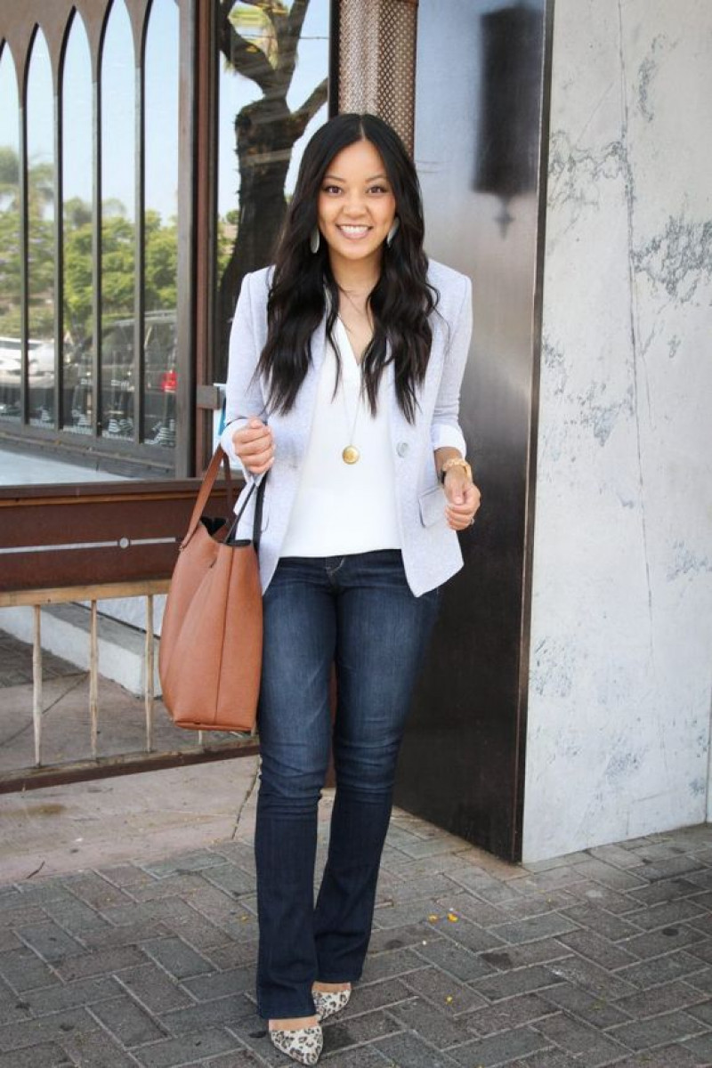Dark Blue And Navy Casual Boot Cut Jeans Outfit Designs With White Vest And Blazer, Leisure Outfit: bell-bottoms,  business casual,  casual friday  