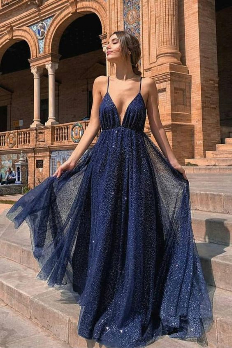 Dark Blue And Navy Evening Dress Maxi Tutu Evening Gown - Embracing Elegance at Plaza De España: prom dresses,  bridal party dress,  evening gown,  a-line,  navy blue,  a-line spaghetti straps dark,  backless dress  
