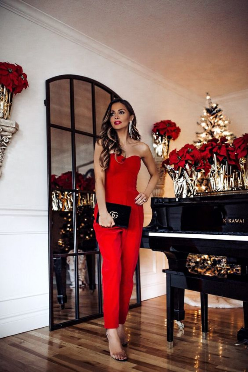 Red Jumpsuit Outfit Trend With Transparent Heels | Timeless look: musical instrument,  romper suit,  musical keyboard,  shoulder strap  