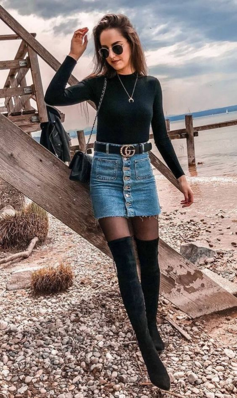 Fashion and Outfit Ideas: Light Blue Denim Skirt, Corduroy Skirt, Black Sweatshirt with Knee High Boots: denim skirt,  thigh-high boot,  knee-high boot,  over-the-knee boot,  denim skirt jean skirt  