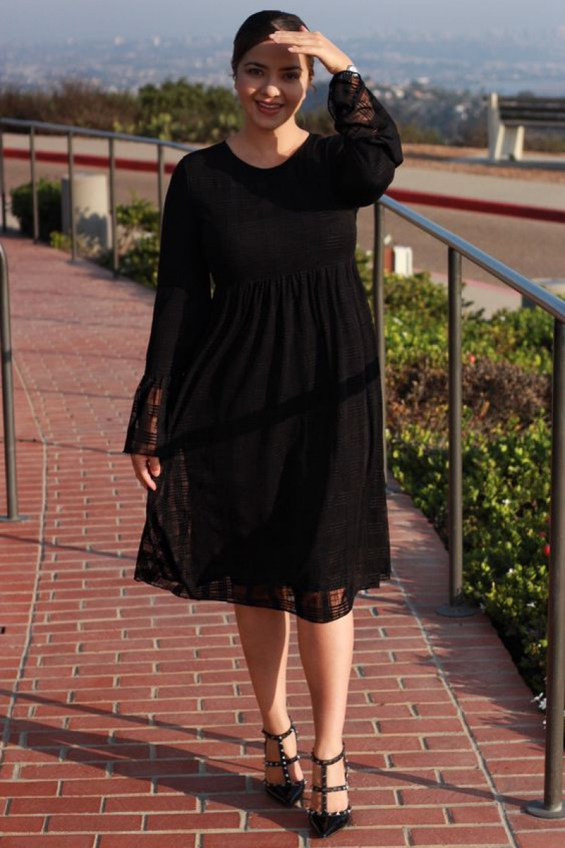 Plus-Size Black Midi Dress with Sheer Lace Sleeves for Semi-Formal Occasions: little black dress,  cocktail dress,  women's dress,  modest fashion  