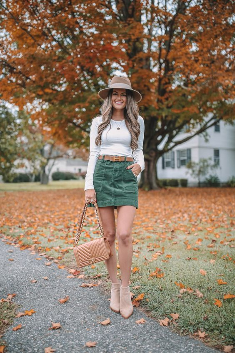 Turquoise Denim Skirt Corduroy Outfit Designs With White T-shirt | Perfect look for Autumn Winter 2023: 