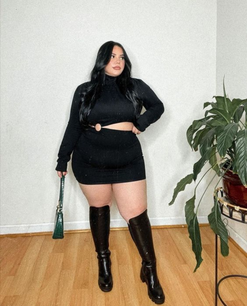 Black Casual Dress Plus Size Party Ideas With, Footwear: hair m,  little black dress,  knee-high boot  