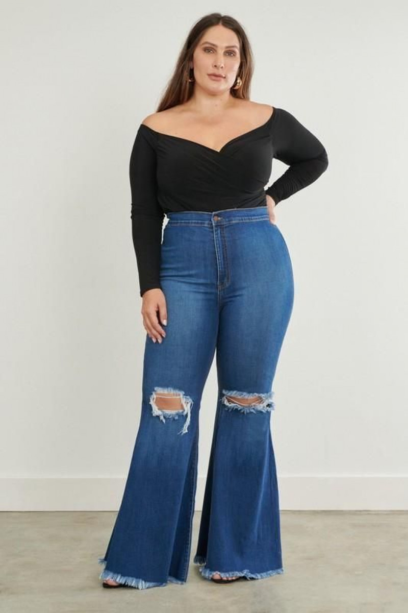 Plus Size Dark Blue and Navy Casual Trouser: Bell Bottom Clothing Ideas with Black Top, Jeans: plus-size clothing,  high-rise,  bell-bottoms,  edgychic boutique  